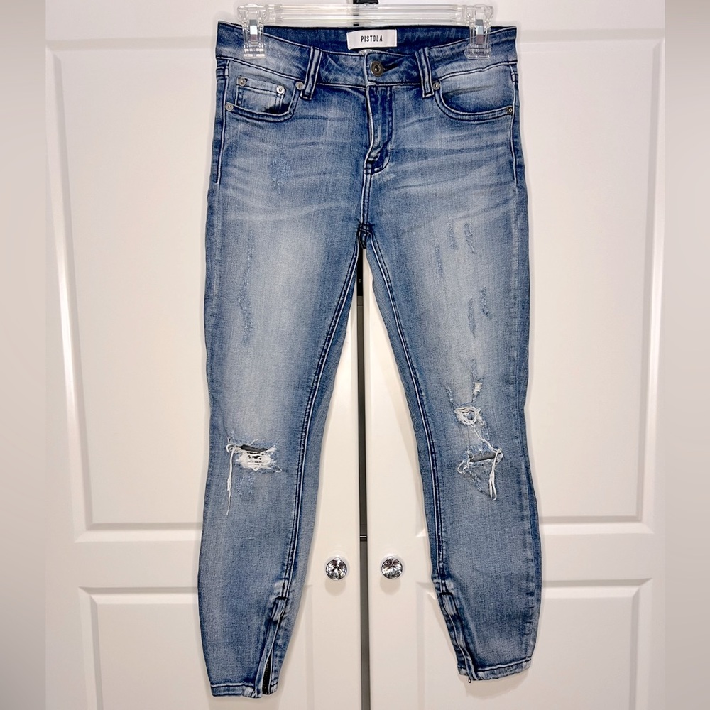 PISTOLA Distressed Zipper Ankle Skinny Jeans Sz 26